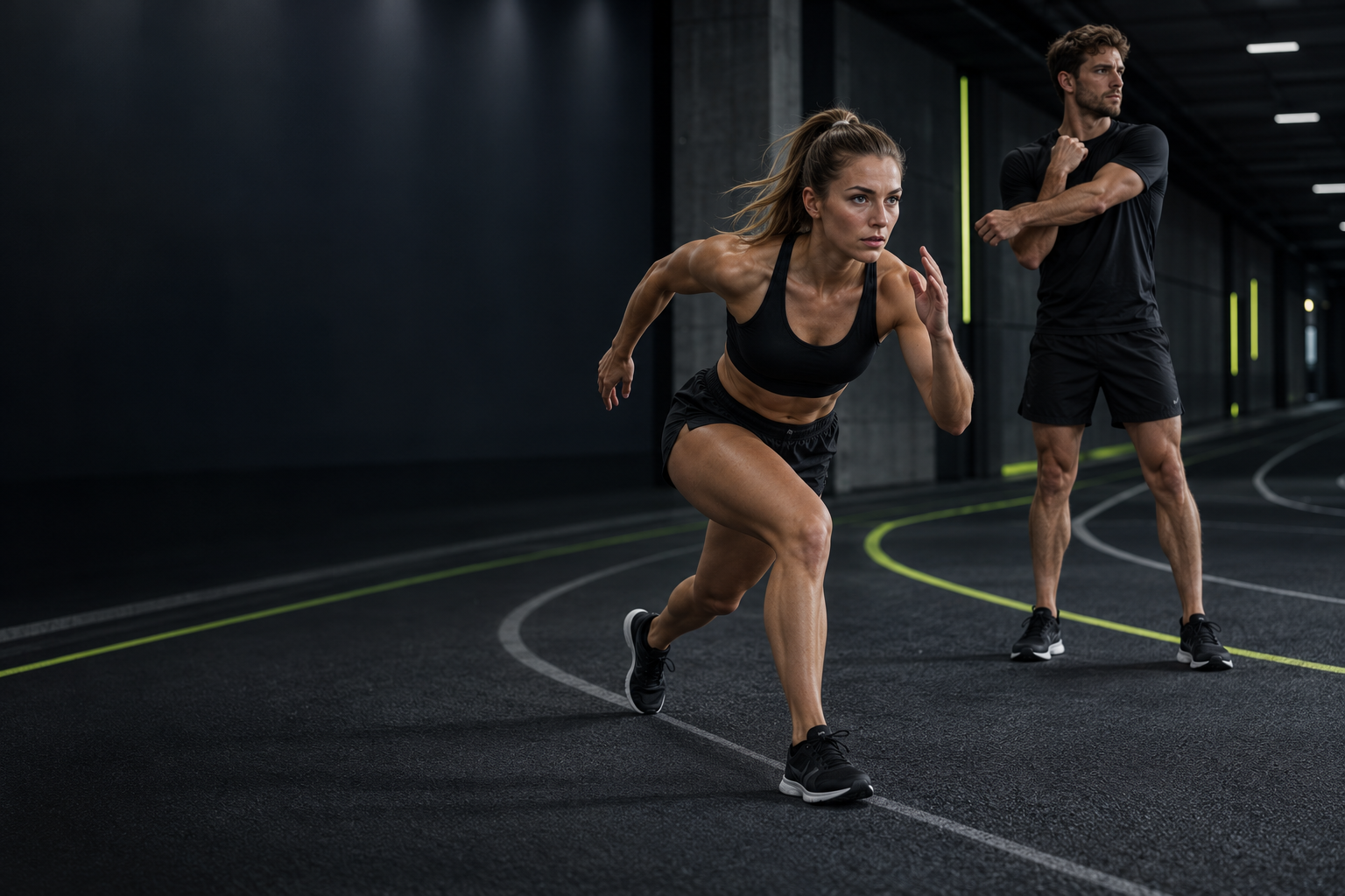 Två atleter förbereder sig för träning på en inomhusbana